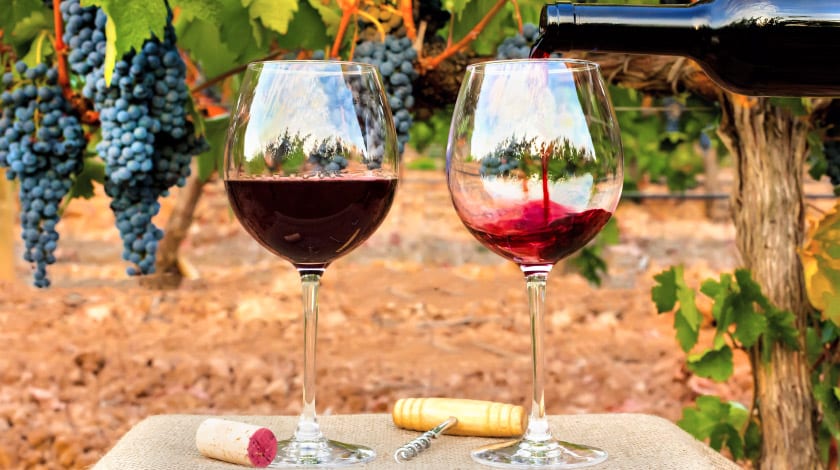 imagem de duas taças de vidro, uma com vinho e outra sendo enchida com vinho.