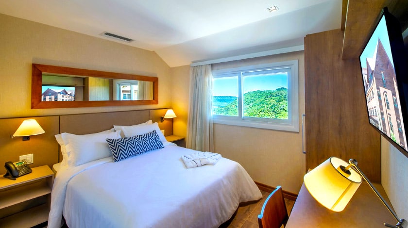 Foto do quarto com cama de casal, televisão e janela com vista para natureza