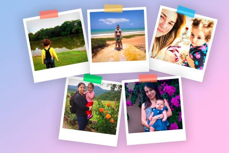 Confira as dicas de viagem das mamães da Tripulação Zarpo Imagem de varias fotos de mães com seus filhos.
