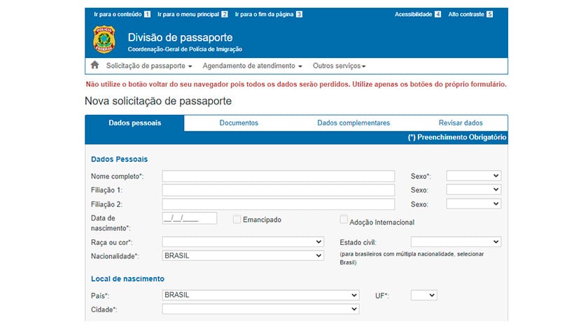 Print do formulário no site da Polícia Federal para emissão do passaporte